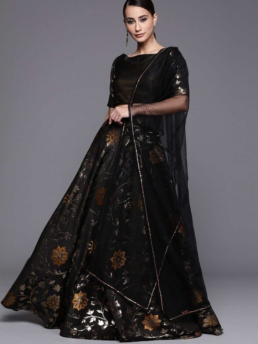 Black Gold Floral Woven Semistitched Lehenga with Blouse and Net Dupatta - inddus-us