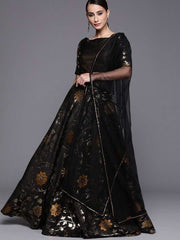 Black Gold Floral Woven Semistitched Lehenga with Blouse and Net Dupatta - inddus-us