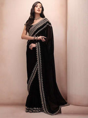 Black & Gold-Toned Embellished Embroidered Poly Georgette Saree - Inddus.com