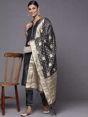 Black & Gold-Toned Ethnic Motifs Woven Design Dupatta with Zari - Inddus.com