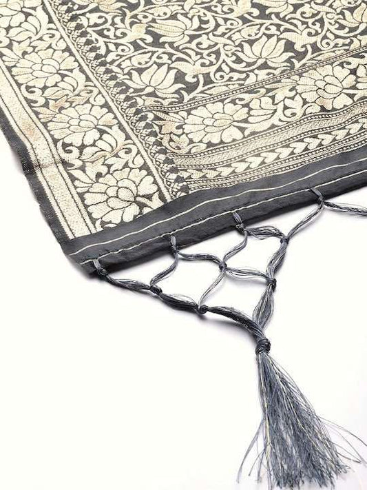 Black & Gold-Toned Ethnic Motifs Woven Design Dupatta with Zari - Inddus.com