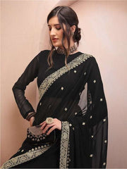 Black & Gold-Toned Floral Embroidered Poly Georgette Saree - Inddus.com