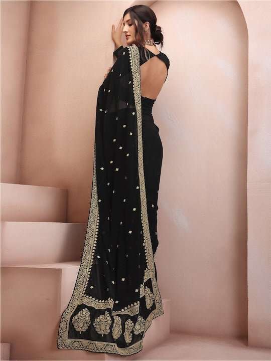 Black & Gold-Toned Floral Embroidered Poly Georgette Saree - Inddus.com