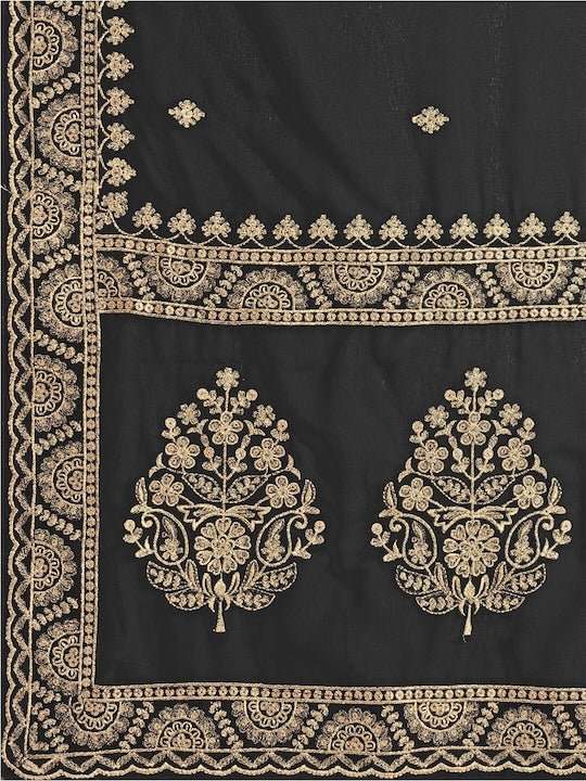 Black & Gold-Toned Floral Embroidered Poly Georgette Saree - Inddus.com
