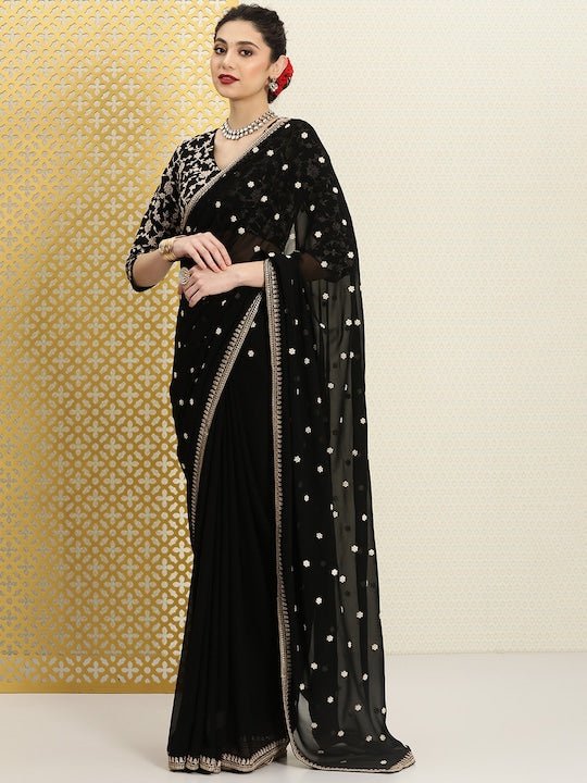 Black & Gold-Toned Floral Zari Georgette Saree