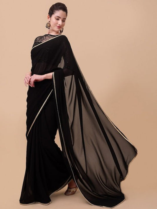 Black & Gold-Toned Sequinned Saree - Inddus.com