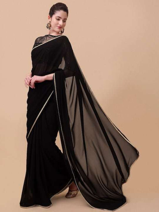 Black & Gold-Toned Sequinned Saree - Inddus.com