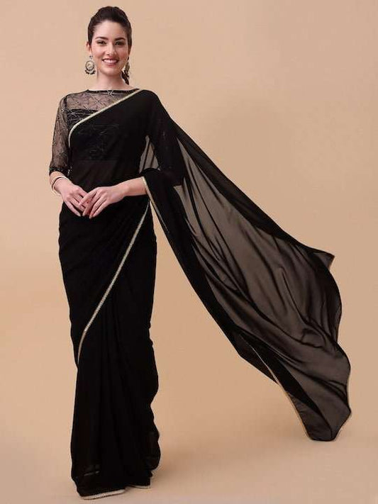 Black & Gold-Toned Sequinned Saree - Inddus.com