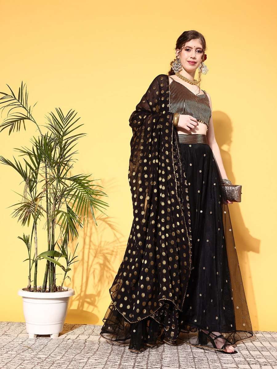 Black & Gold-Toned Sequinned Semi-Stitched Lehenga & Unstitched Blouse With Dupatta - Inddus.com