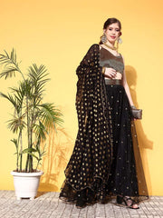 Black & Gold-Toned Sequinned Semi-Stitched Lehenga & Unstitched Blouse With Dupatta - Inddus.com