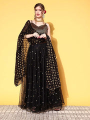 Black & Gold-Toned Sequinned Semi-Stitched Lehenga & Unstitched Blouse With Dupatta - Inddus.com