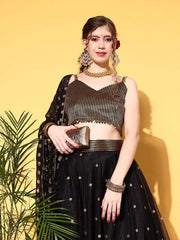 Black & Gold-Toned Sequinned Semi-Stitched Lehenga & Unstitched Blouse With Dupatta - Inddus.com