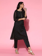 Black Gotta Detail Kurta with Pants and Organza Dupatta - Inddus.com