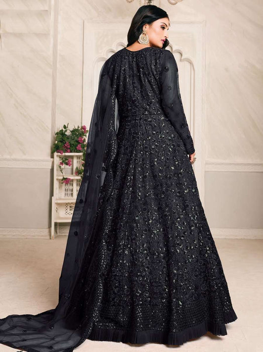 Black Net Festive Wear Anarkali Suit - Inddus.com