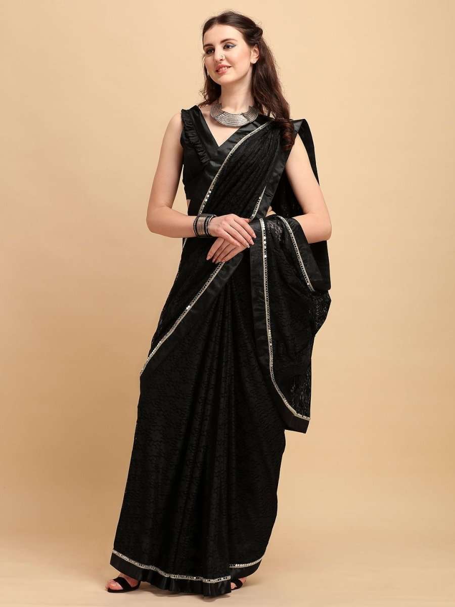 Black Net Self Design Mirror Embroidered Saree - inddus-us