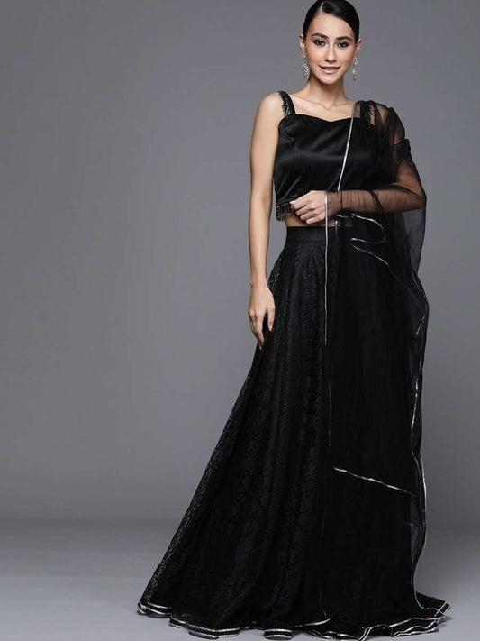 Black Net Self Design Semistitched Lehenga with Solid Blouse and Net Dupatta - inddus-us