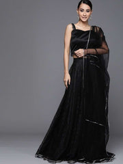 Black Net Self Design Semistitched Lehenga with Solid Blouse and Net Dupatta - inddus-us