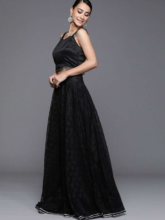 Black Net Self Design Semistitched Lehenga with Solid Blouse and Net Dupatta - inddus-us