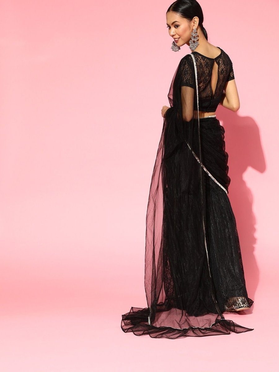 Black Net Stitched Ruffled Sharara Saree with Blouse Piece - inddus-us