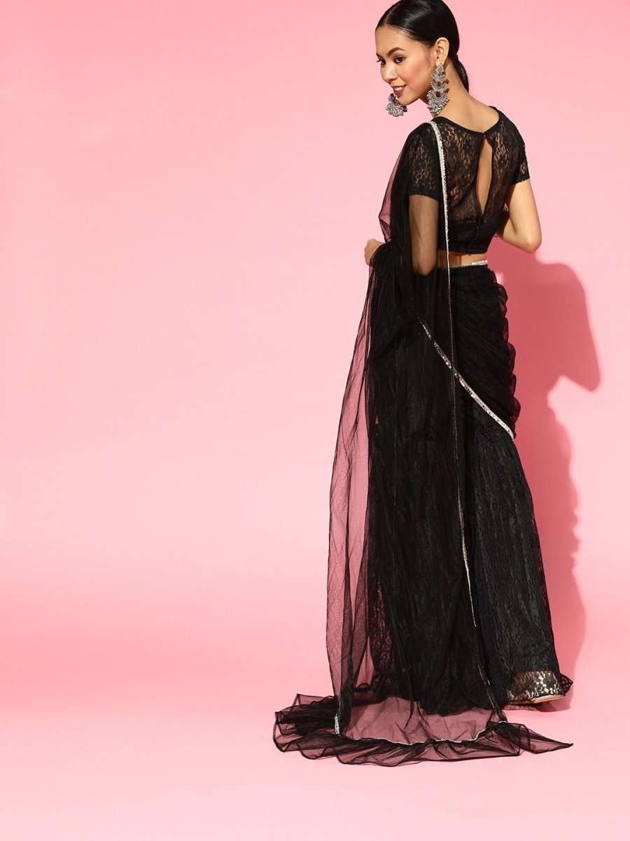 Black Net Stitched Ruffled Sharara Saree with Blouse Piece - inddus-us