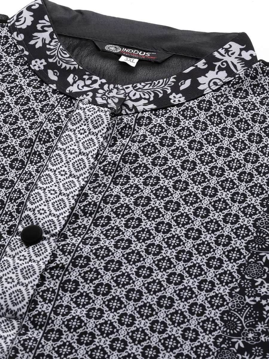 Black & Off White Printed Georgette Kaftan Maxi Dress - Inddus.com