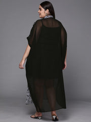 Black & Off White Printed Georgette Kaftan Maxi Dress - Inddus.com