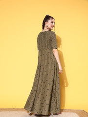 Black & Olive Green Embroidered Maxi Dress With Embroidered Jacket - Inddus.com
