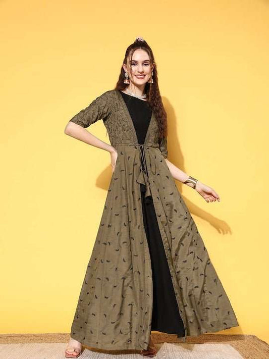 Black & Olive Green Embroidered Maxi Dress With Embroidered Jacket - Inddus.com