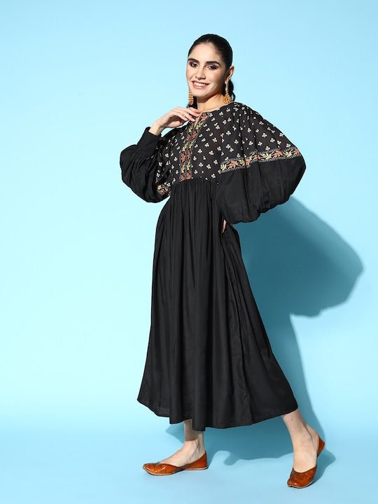 Black & Orange Floral Printed Midi Ethnic Dress - Inddus.com