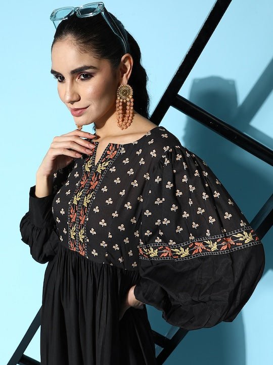 Black & Orange Floral Printed Midi Ethnic Dress - Inddus.com