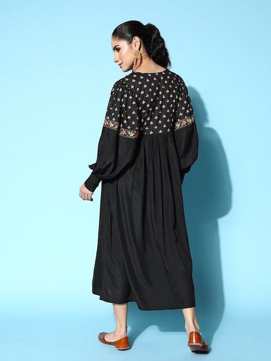 Black & Orange Floral Printed Midi Ethnic Dress - Inddus.com