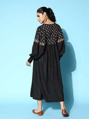 Black & Orange Floral Printed Midi Ethnic Dress - Inddus.com