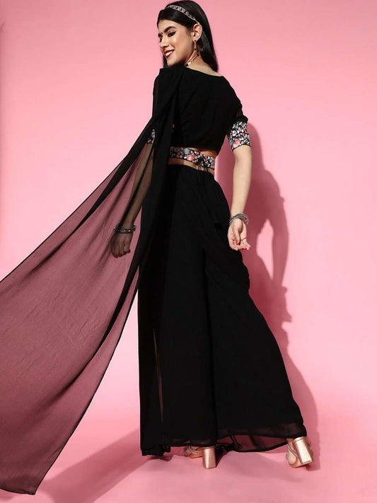 Black Palazzo Saree with Embroidered Belt - Inddus.com