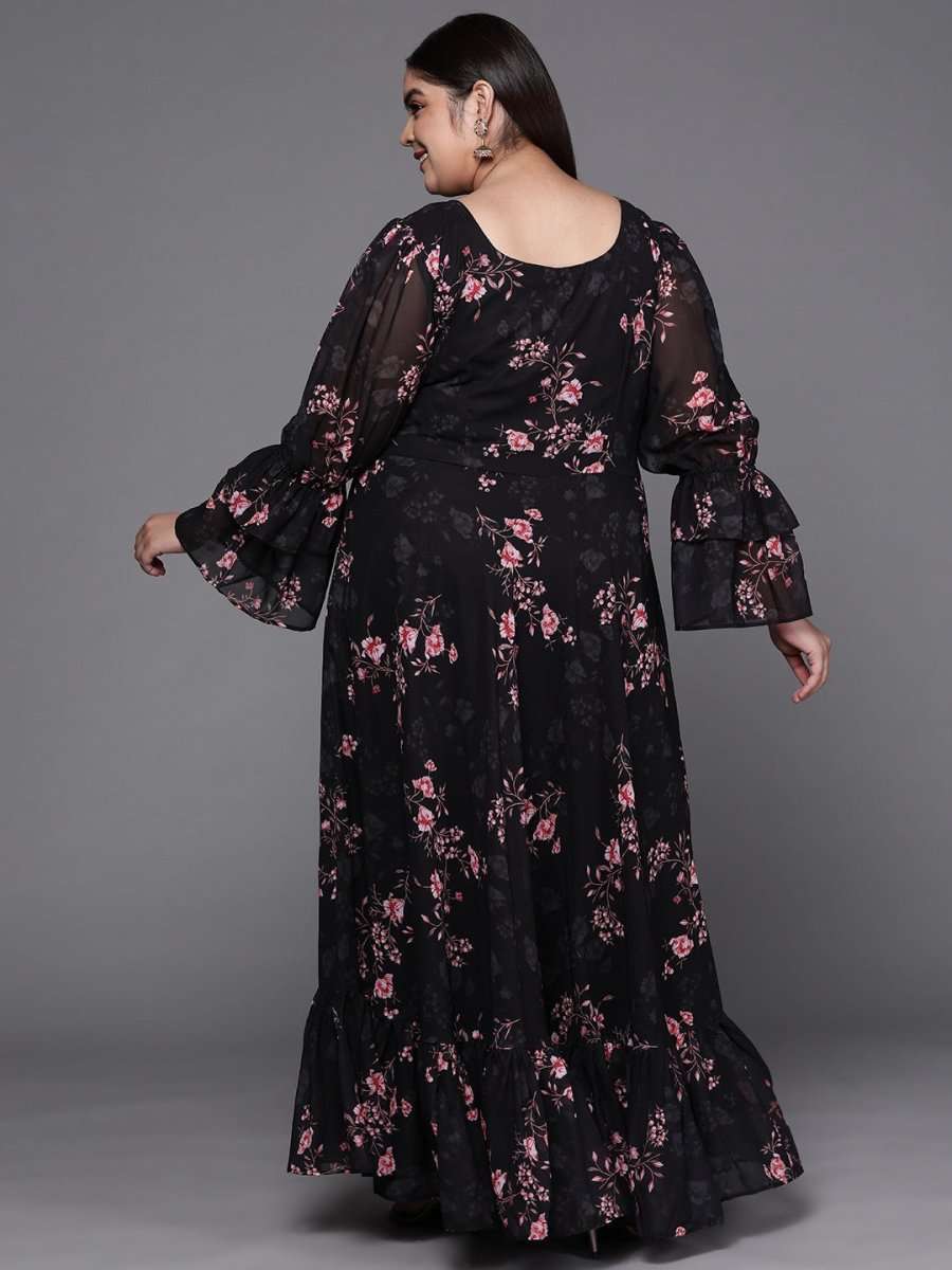 Black & Pink Floral Print Georgette Ethnic Maxi Dress - Inddus.com