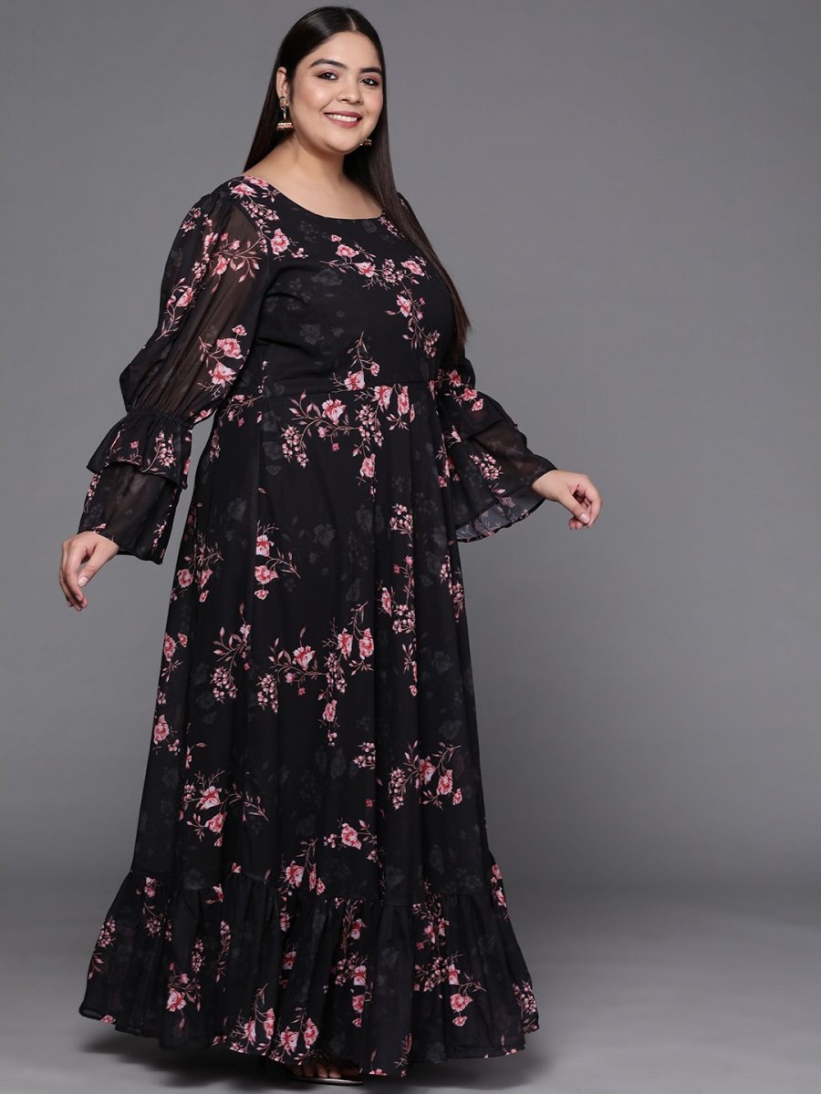 Black & Pink Floral Print Georgette Ethnic Maxi Dress - Inddus.com