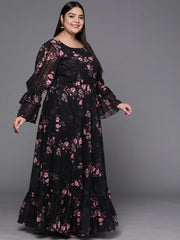 Black & Pink Floral Print Georgette Ethnic Maxi Dress - Inddus.com