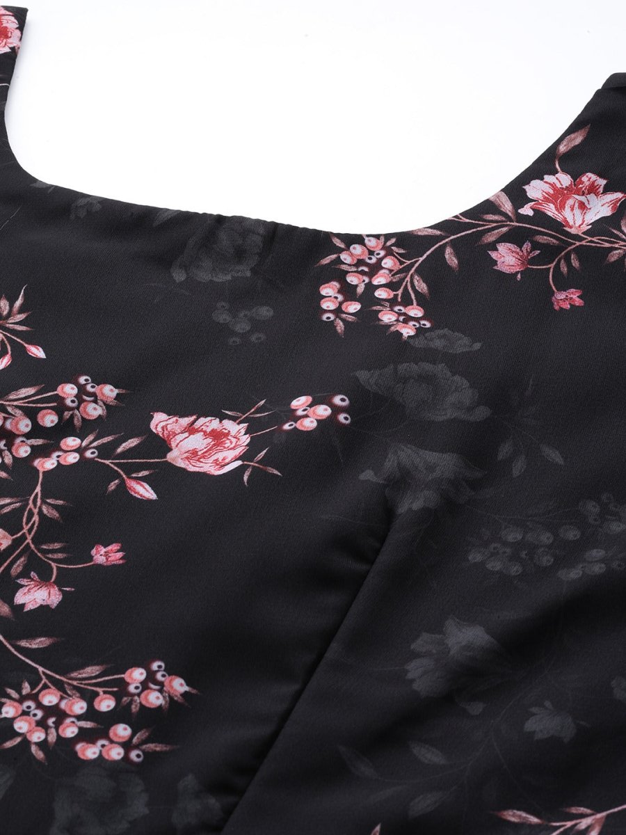 Black & Pink Floral Print Georgette Ethnic Maxi Dress - Inddus.com