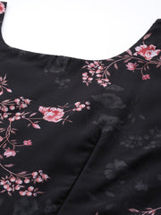 Black & Pink Floral Print Georgette Ethnic Maxi Dress - Inddus.com
