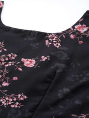 Black & Pink Floral Print Georgette Ethnic Maxi Dress - Inddus.com