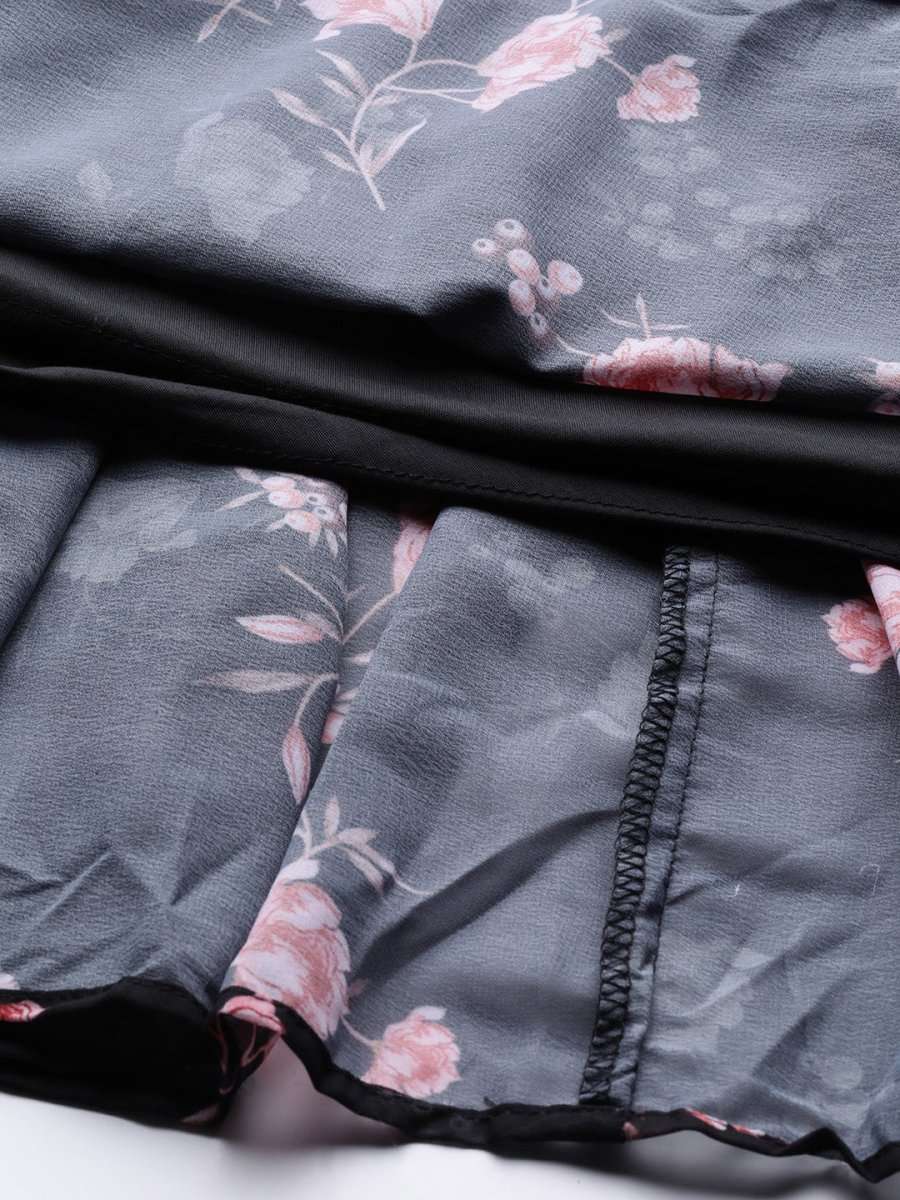 Black & Pink Floral Print Georgette Ethnic Maxi Dress - Inddus.com