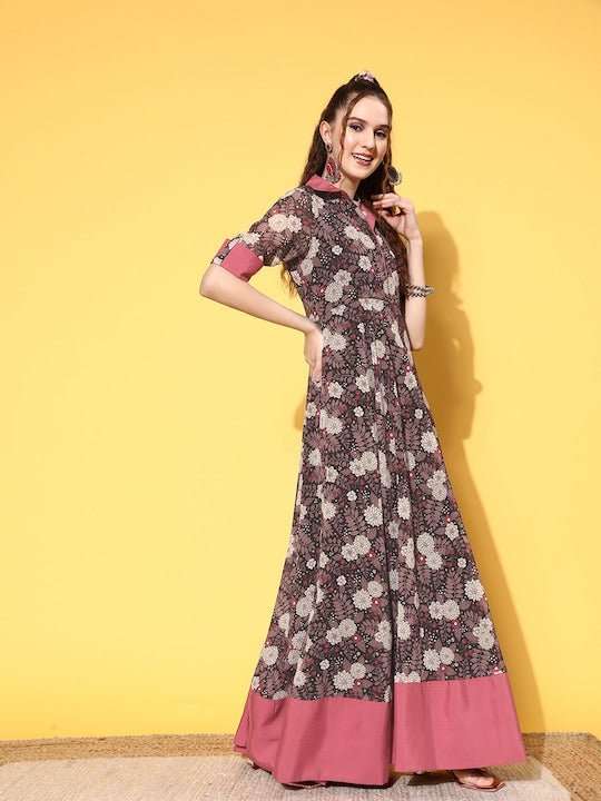 Black & Pink Floral Printed Georgette Maxi Dress - Inddus.com