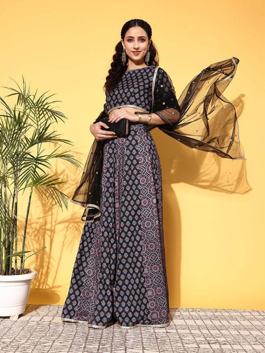 Black & Pink Printed Semi-Stitched Lehenga & Unstitched Blouse With Dupatta - Inddus.com