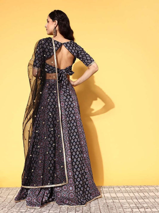 Black & Pink Printed Semi-Stitched Lehenga & Unstitched Blouse With Dupatta - Inddus.com