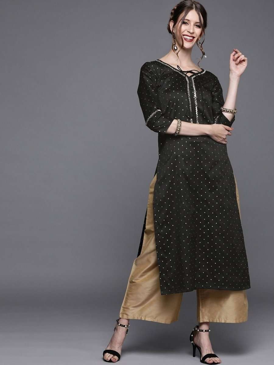 Black Polka dots Woven Kurta - Inddus.com