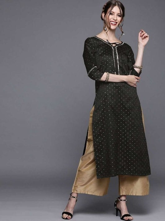 Black Polka dots Woven Kurta - Inddus.com