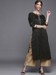 Black Polka dots Woven Kurta - Inddus.com