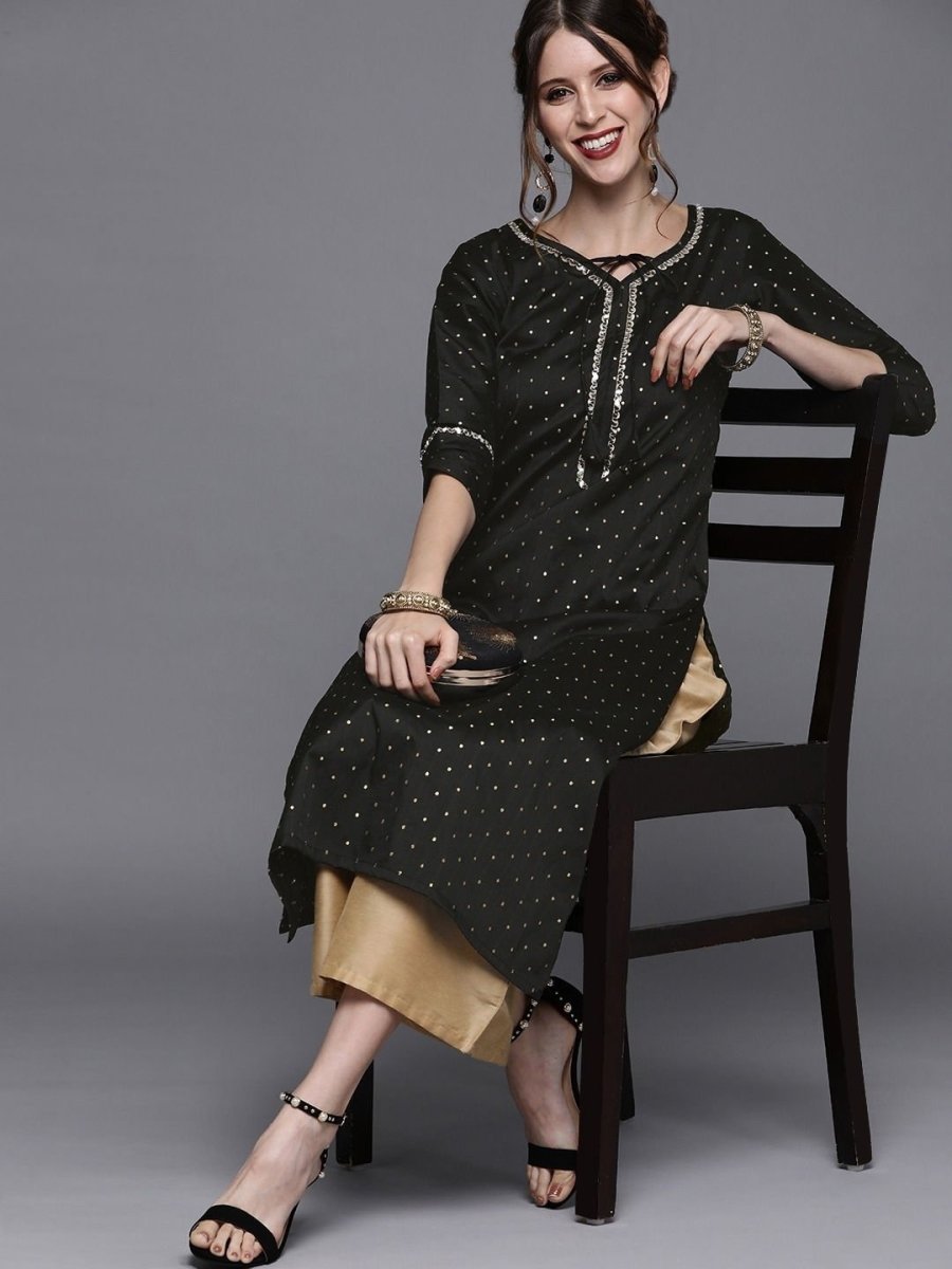 Black Polka dots Woven Kurta - Inddus.com