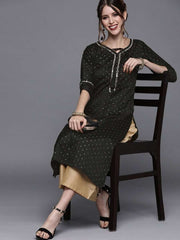 Black Polka dots Woven Kurta - Inddus.com
