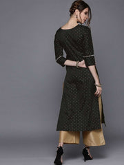 Black Polka dots Woven Kurta - Inddus.com