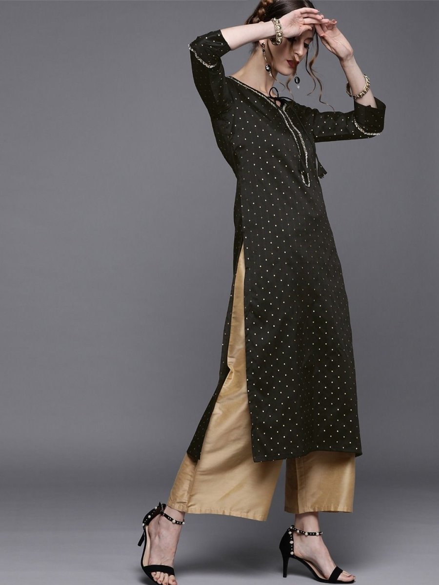 Black Polka dots Woven Kurta - Inddus.com
